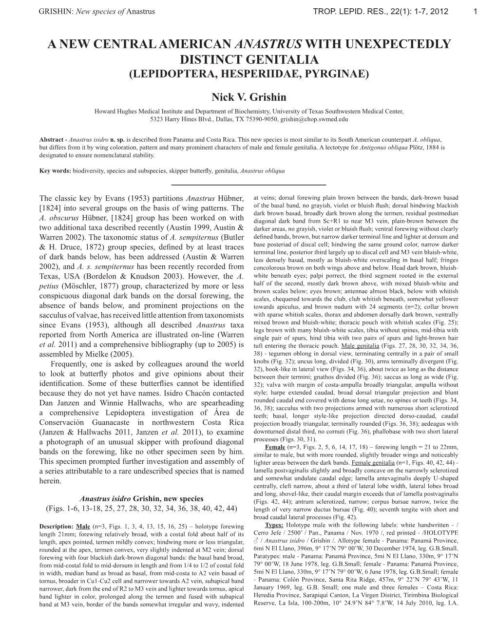 A New Central American Anastrus with Unexpectedly Distinct Genitalia (Lepidoptera, Hesperiidae, Pyrginae)