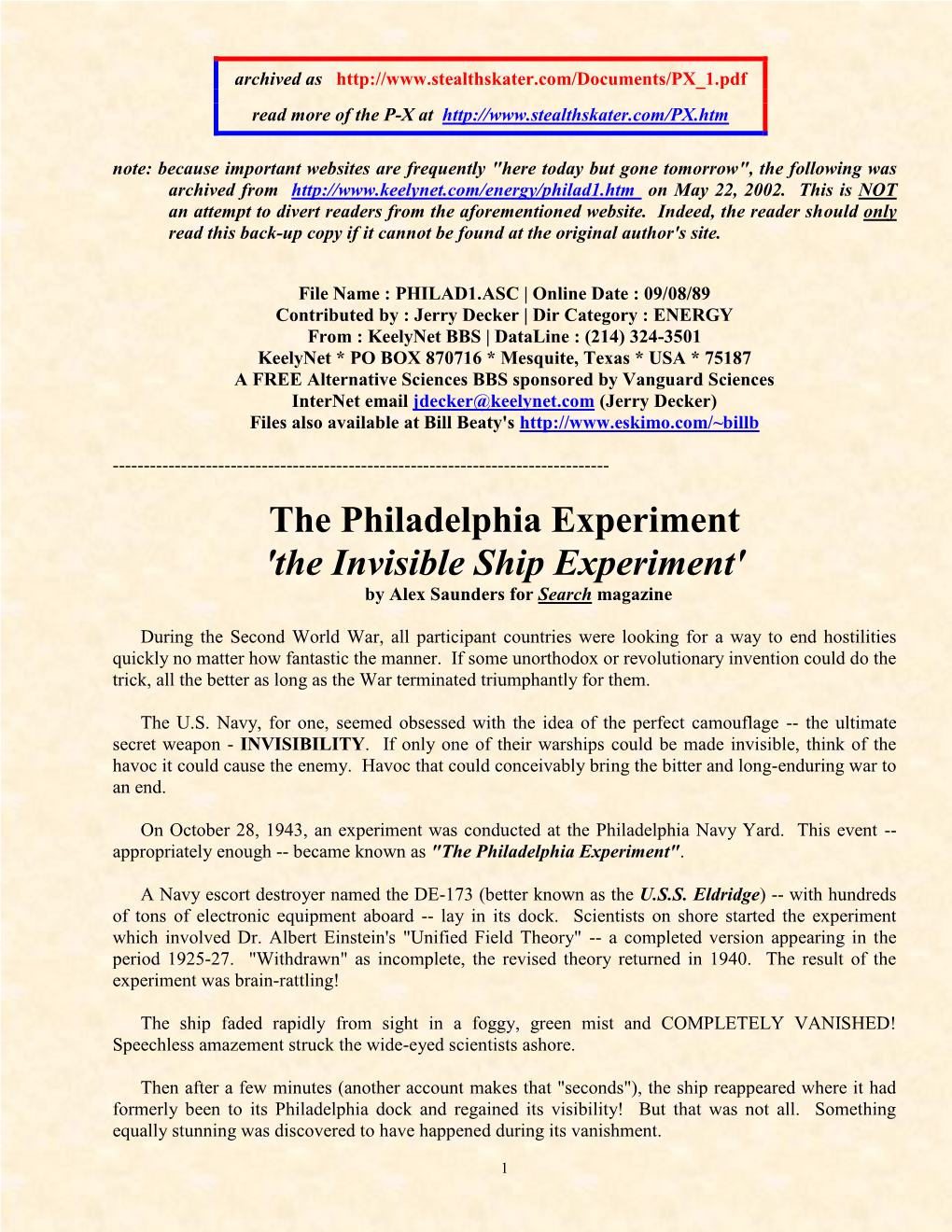 The Philadelphia Experiment 'The Invisible Ship Experiment' by Alex Saunders for Search Magazine