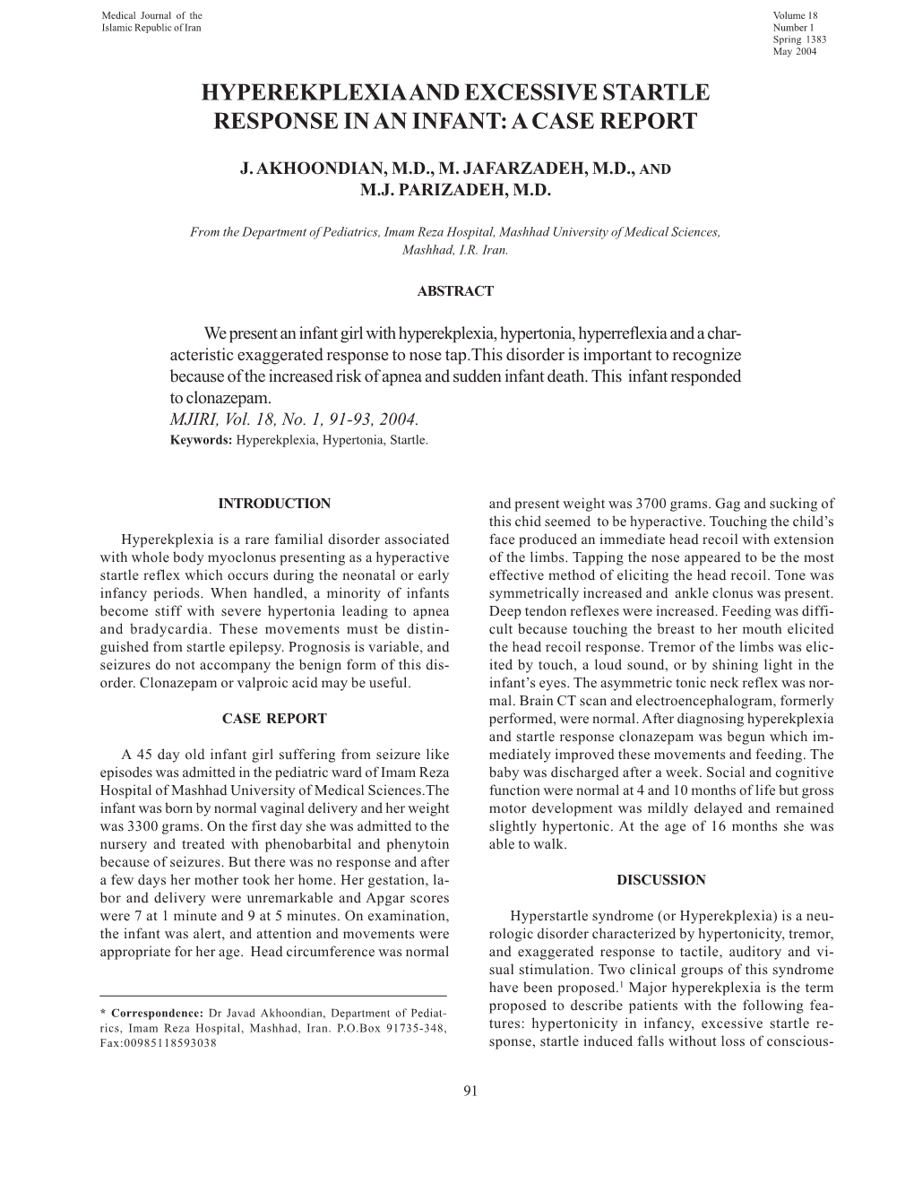 Hyperekplexia and Excessive Startle Response in an Infant: a Case Report