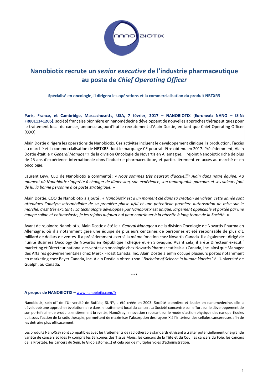 Nanobiotix Recrute Un Senior Executive De L'industrie Pharmaceutique Au