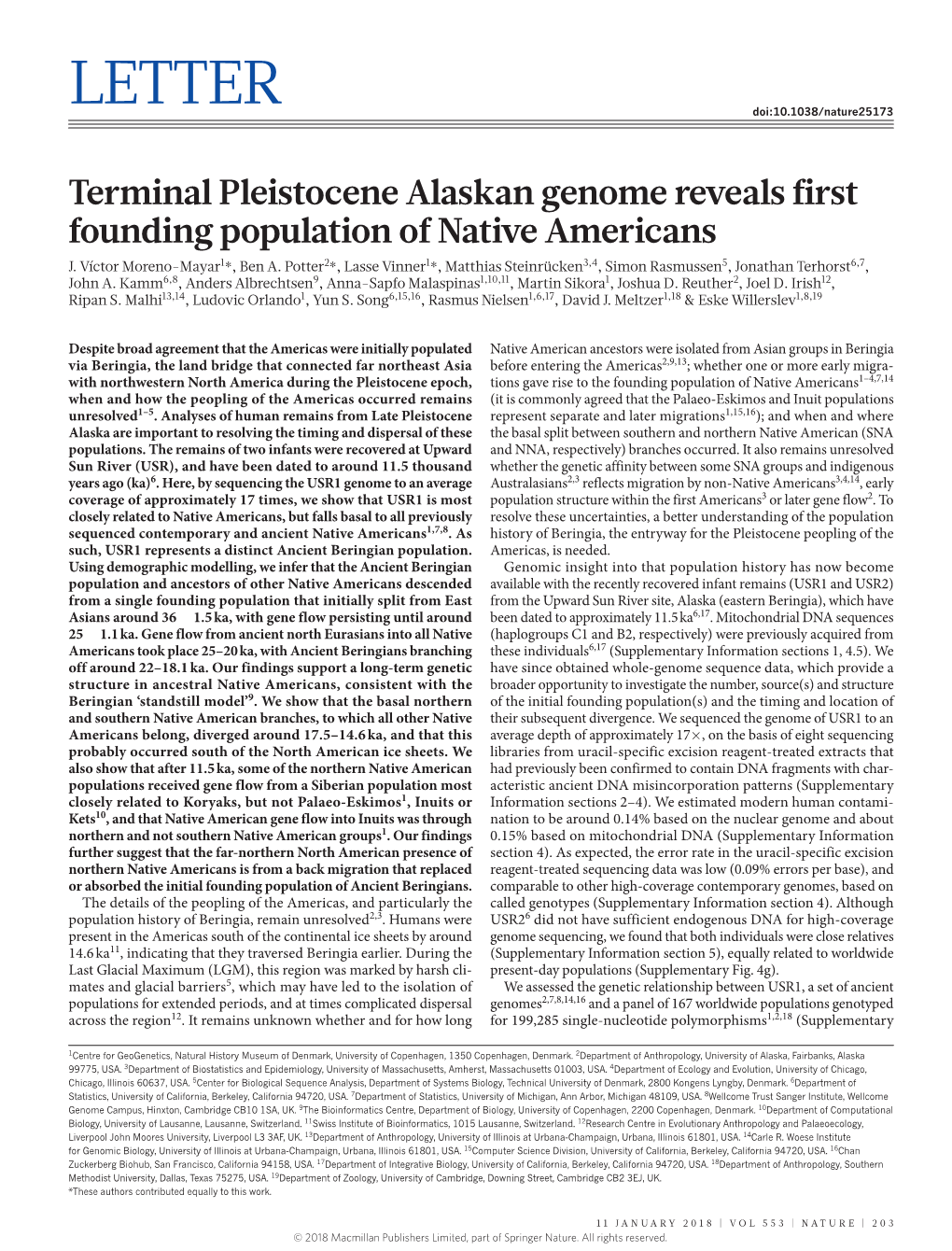 Terminal Pleistocene Alaskan Genome Reveals First Founding Population of Native Americans J