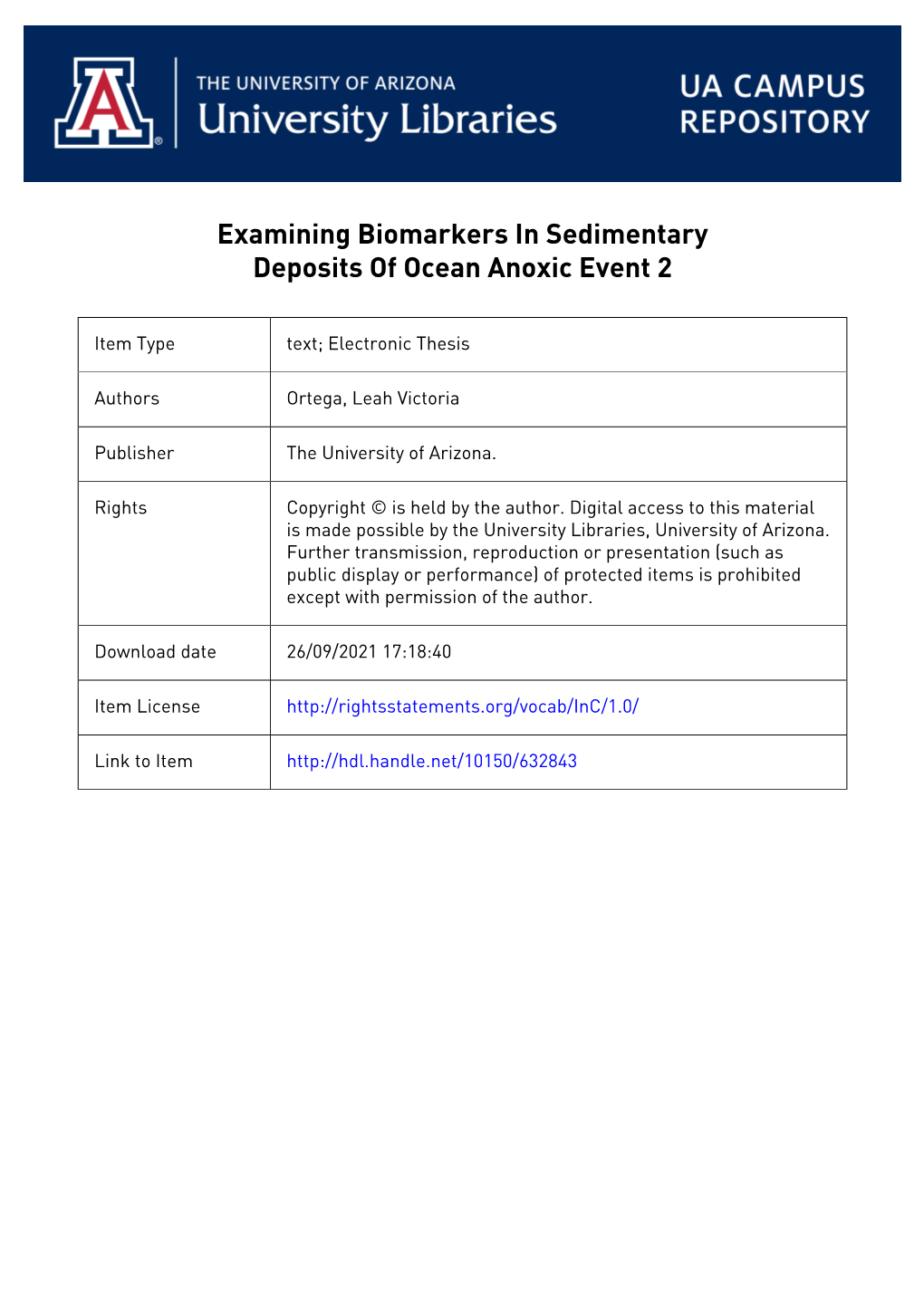 EXAMINING BIOMARKERS in SEDIMENTARY DEPOSITS of OCEAN ANOXIC EVENT 2 by LEAH VICTORIA ORTEGA a Thesis Submi