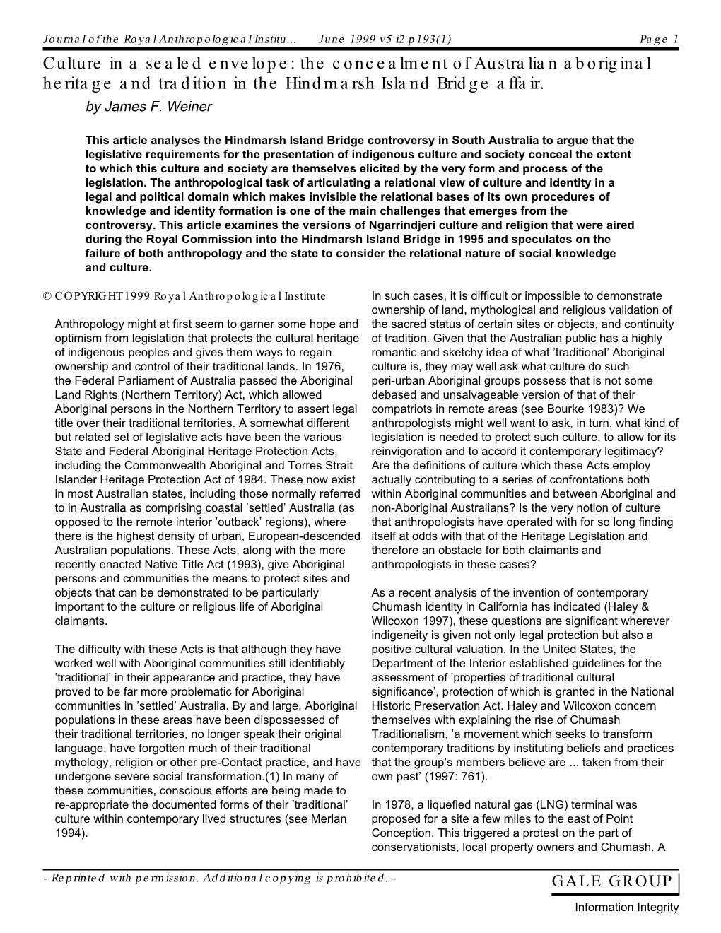 Culture in a Sealed Envelope: the Concealment of Australian Aboriginal Heritage and Tradition in the Hindmarsh Island Bridge Affair