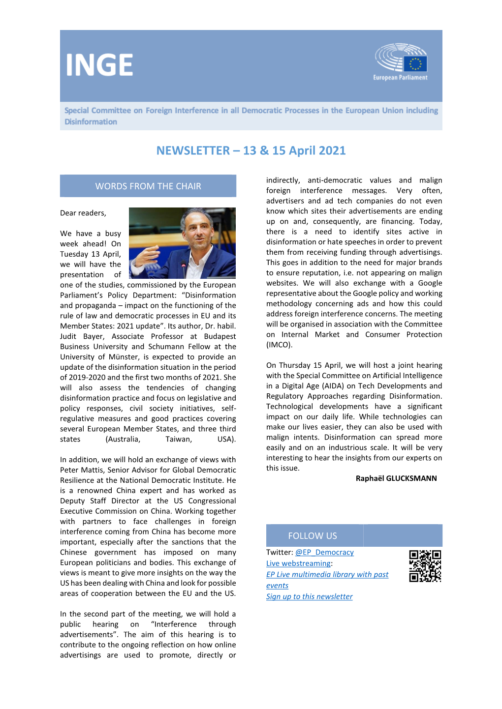 NEWSLETTER – 13 & 15 April 2021