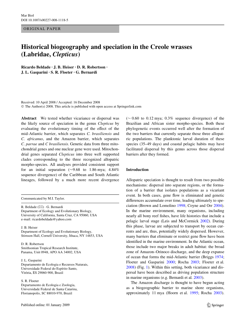 Historical Biogeography and Speciation in the Creole Wrasses (Labridae, Clepticus)