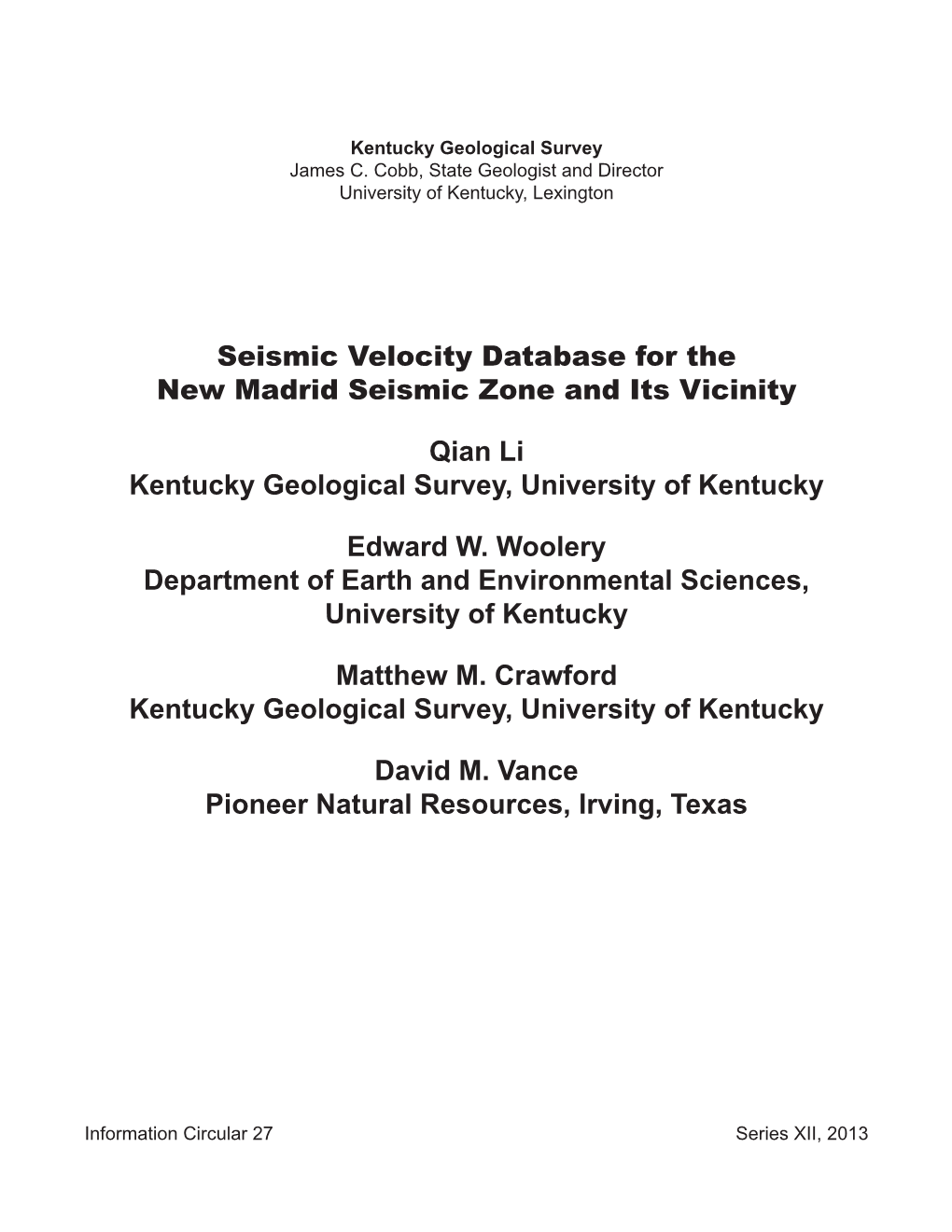 Seismic Velocity Database for the New Madrid Seismic Zone and Its Vicinity
