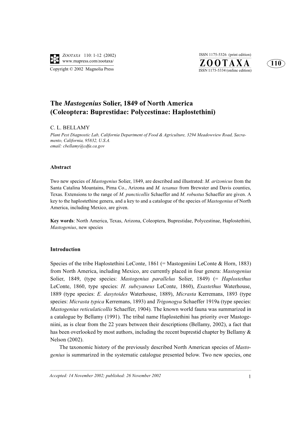 ZOOTAXA 110: 1-12 (2002) ISSN 1175-5326 (Print Edition) ZOOTAXA 110 Copyright © 2002 Magnolia Press ISSN 1175-5334 (Online Edition)