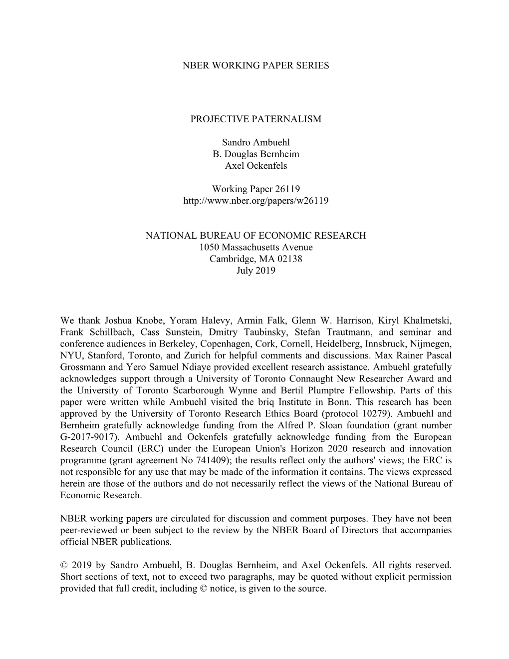 Nber Working Paper Series Projective Paternalism