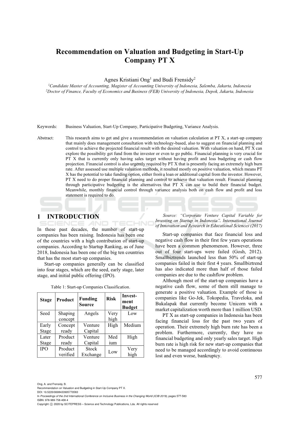 Recommendation on Valuation and Budgeting in Start-Up Company PT X