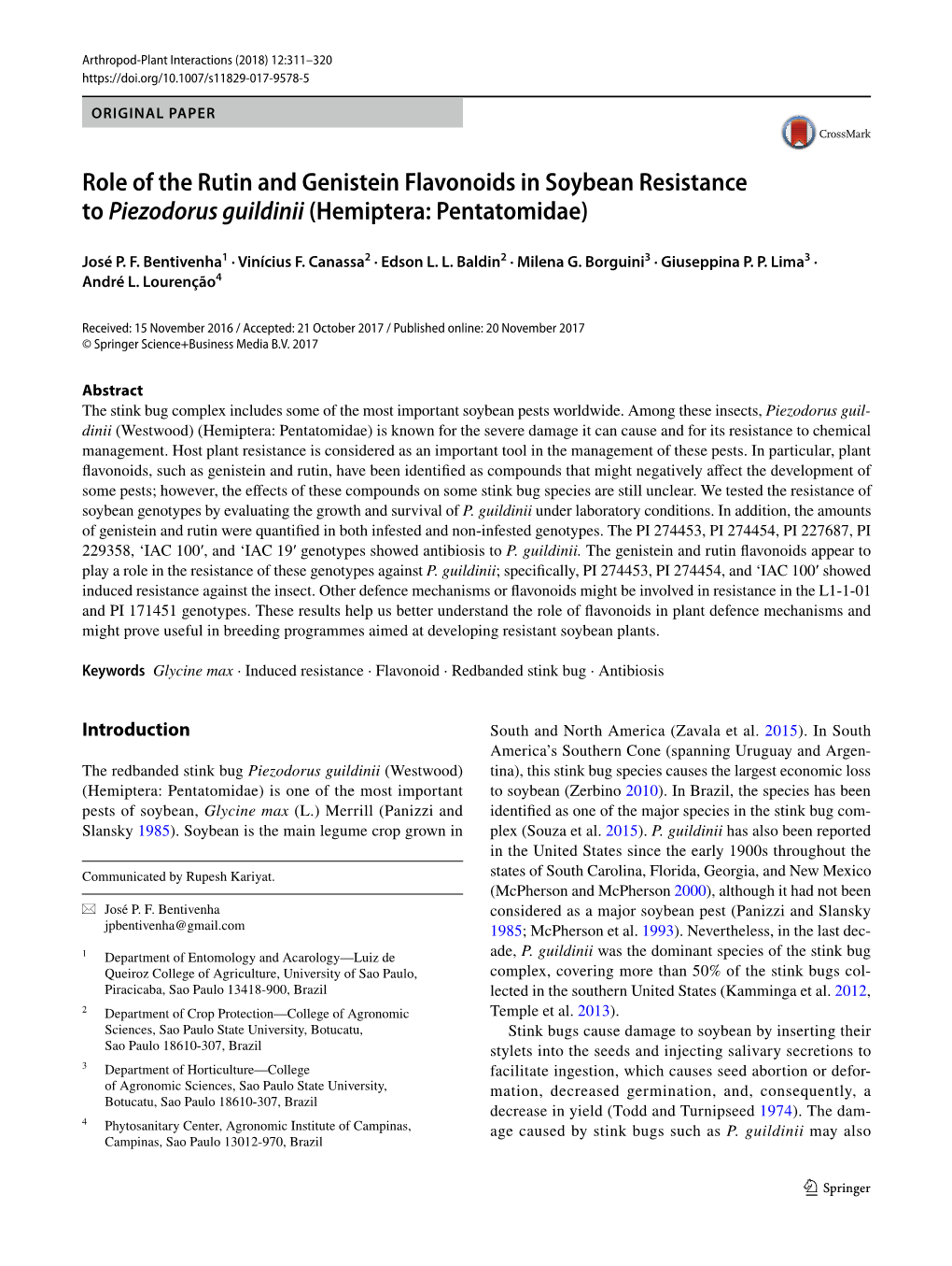 Role of the Rutin and Genistein Flavonoids in Soybean Resistance to Piezodorus Guildinii (Hemiptera: Pentatomidae)