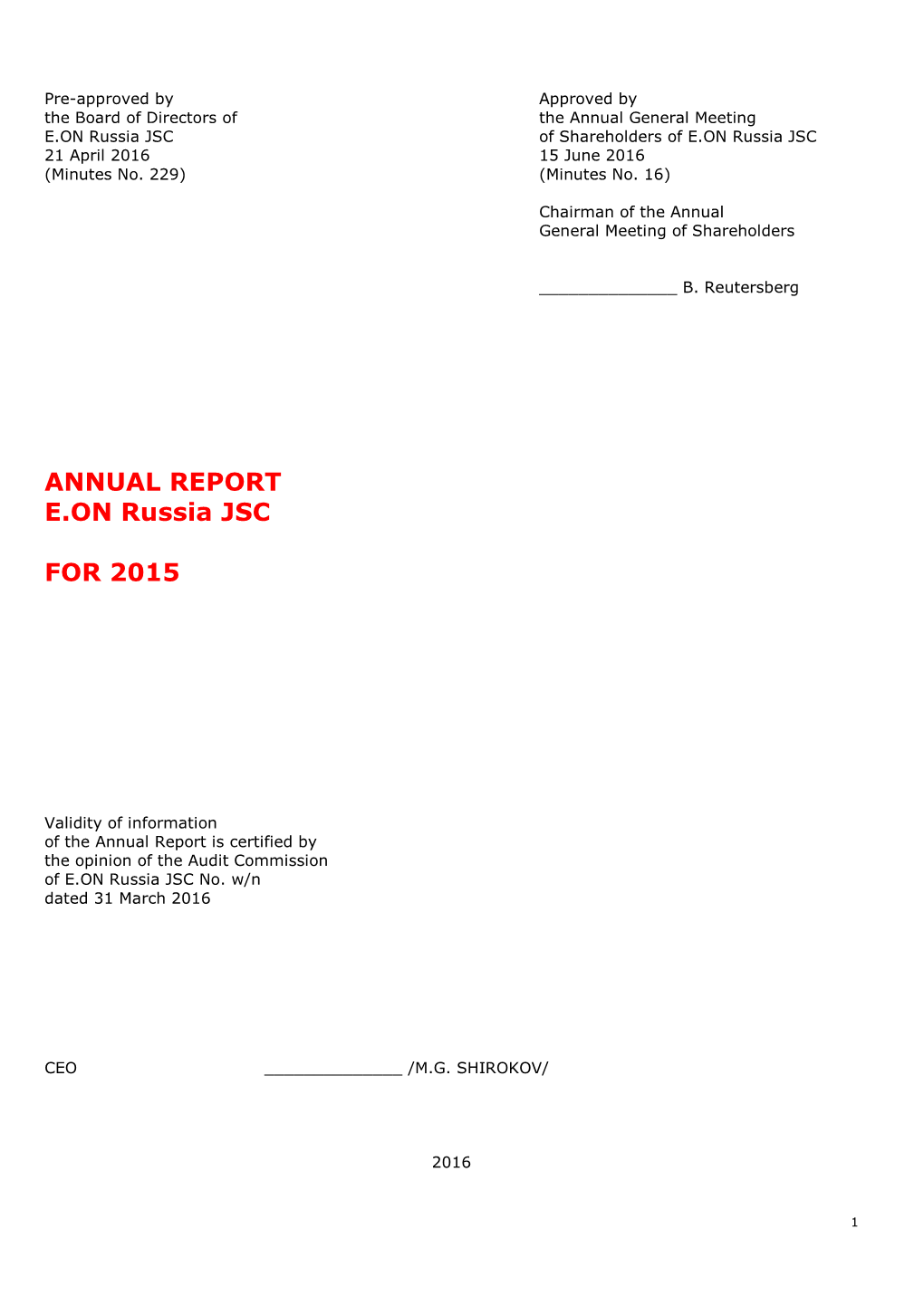 ANNUAL REPORT E.ON Russia JSC for 2015