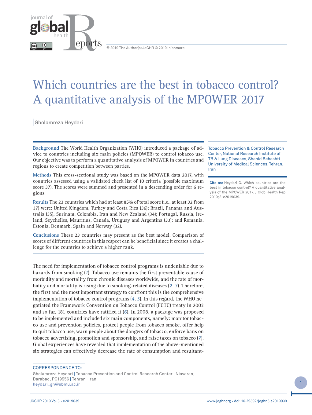 Which Countries Are the Best in Tobacco Control? a Quantitative Analysis of the MPOWER 2017