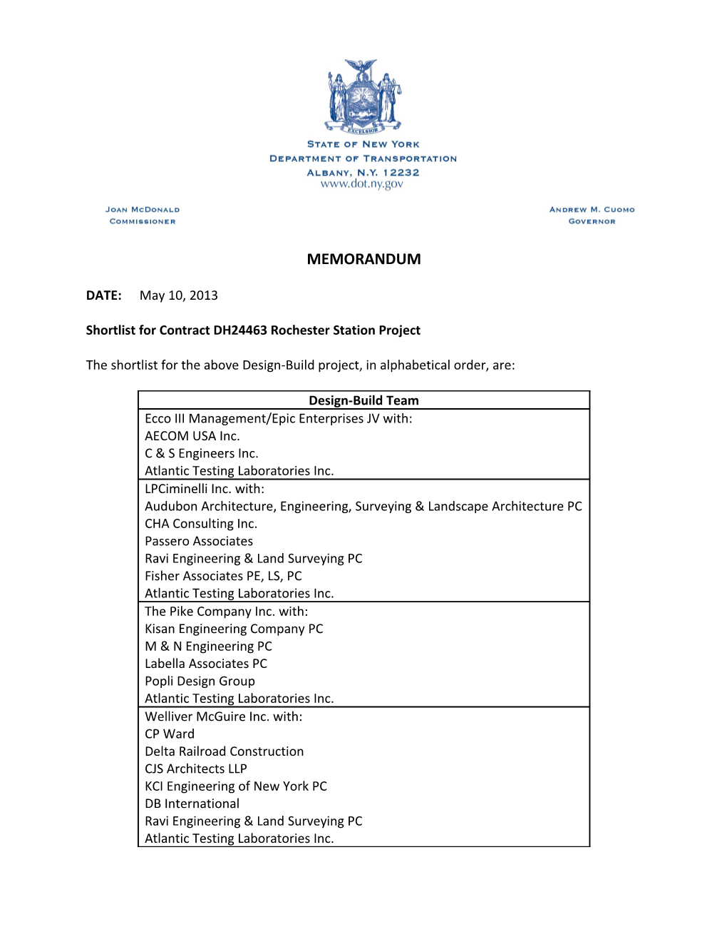 Shortlist for Contract DH24463 Rochester Station Project