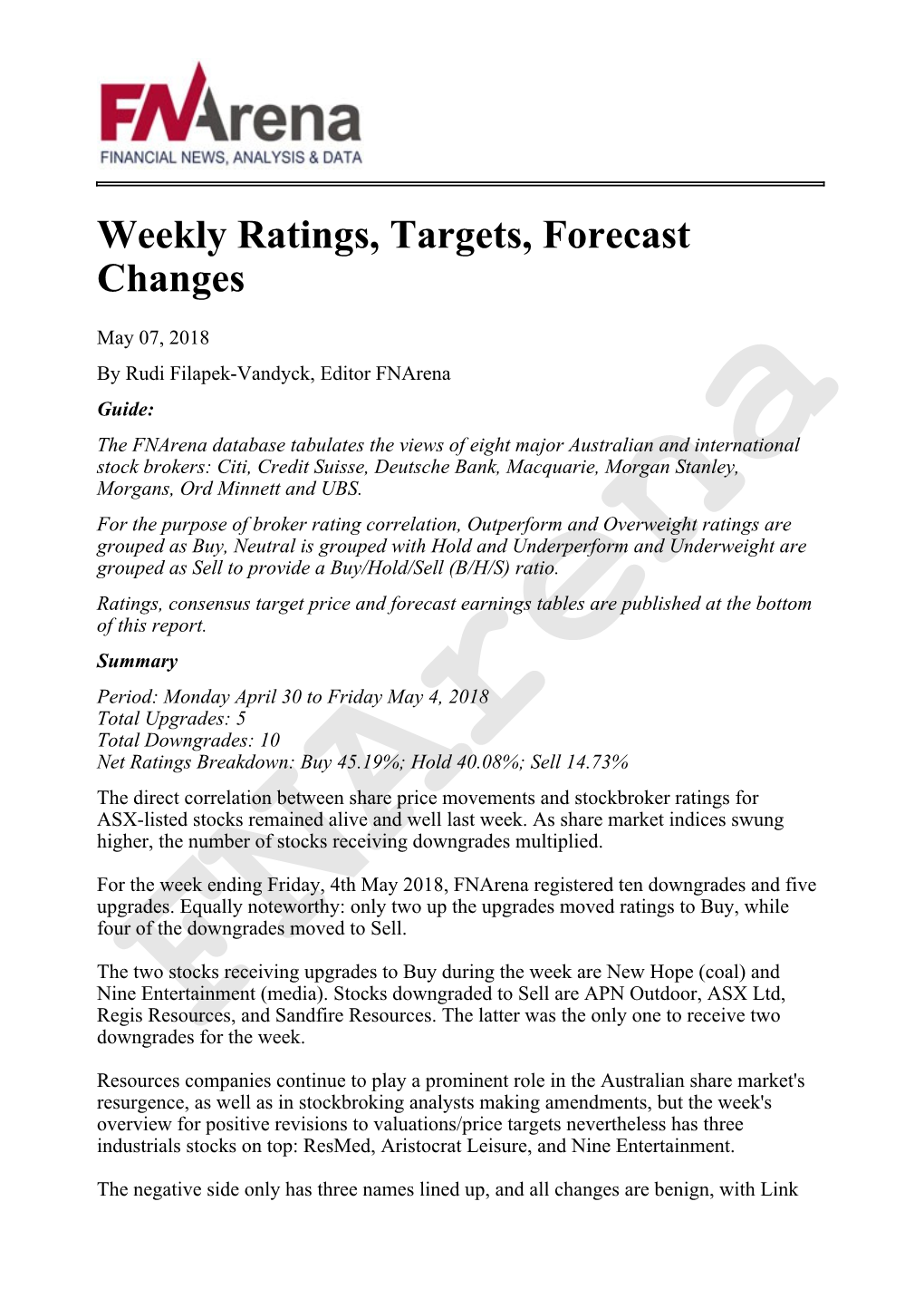 Weekly Ratings, Targets, Forecast Changes