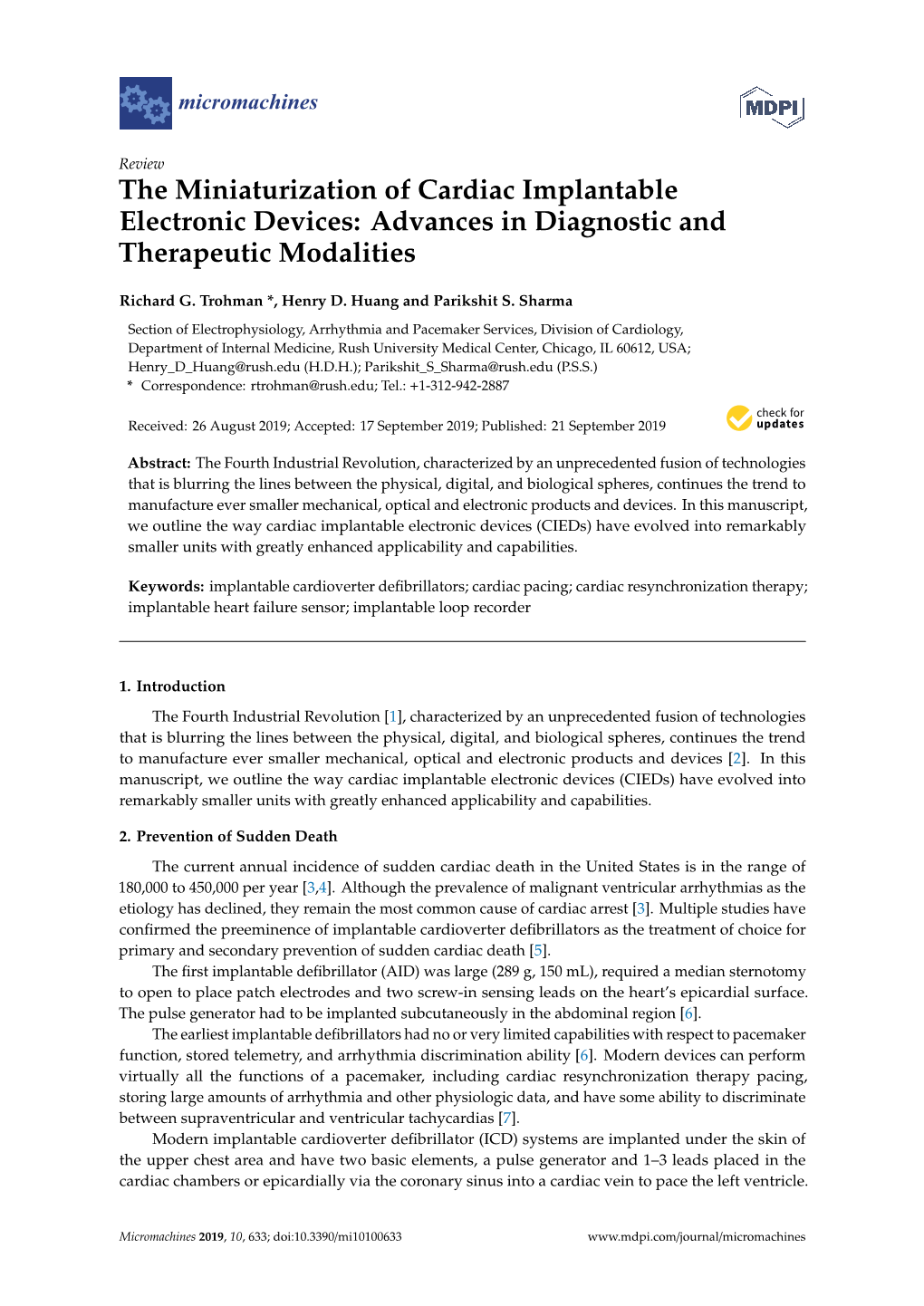 The Miniaturization of Cardiac Implantable Electronic Devices: Advances in Diagnostic and Therapeutic Modalities