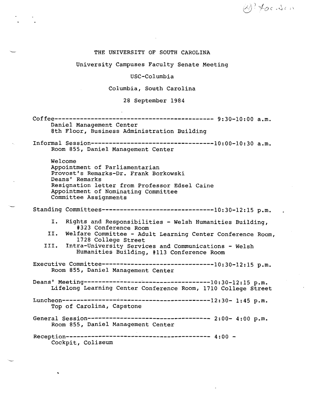 THE UNIVERSITY of SOUTH CAROLINA University Campuses Faculty Senate Meeting USC-Columbia Columbia, South Carolina 28 September 1