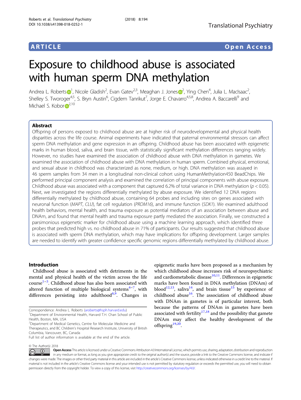 Exposure to Childhood Abuse Is Associated with Human Sperm DNA Methylation Andrea L