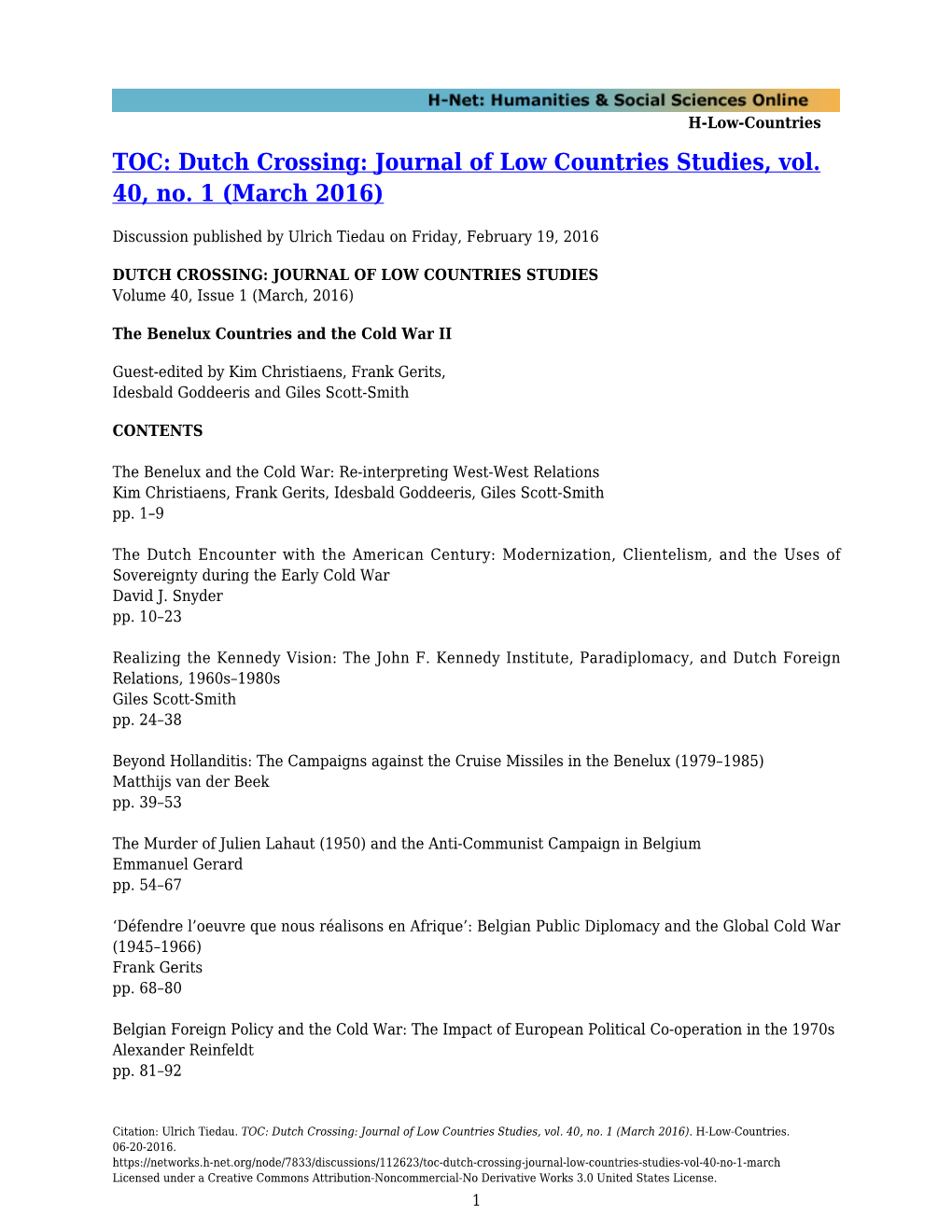 TOC: Dutch Crossing: Journal of Low Countries Studies, Vol. 40, No