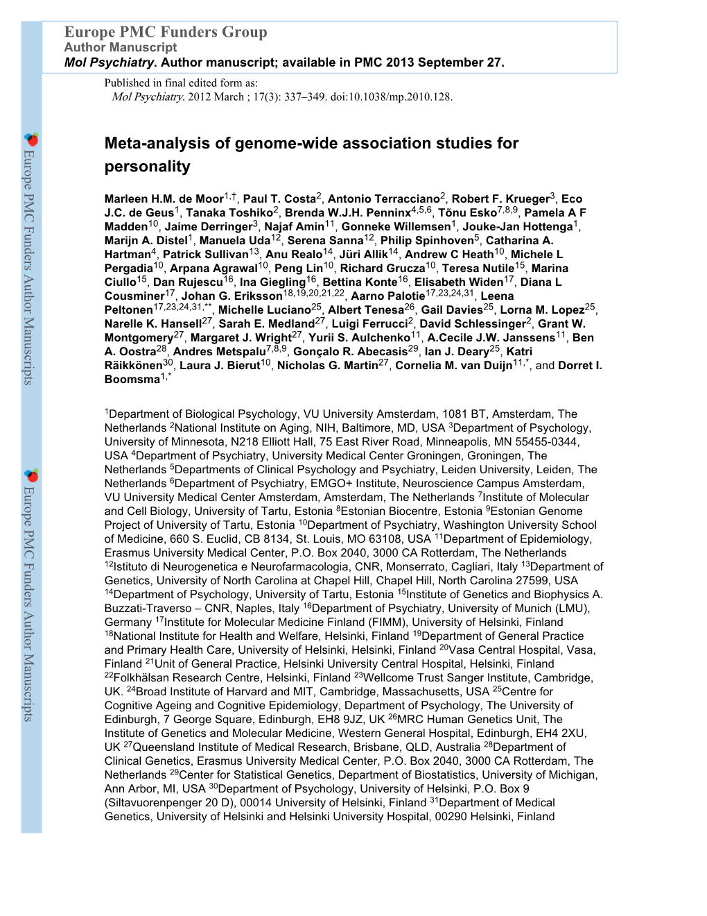 Meta-Analysis of Genome-Wide Association Studies for Personality Europe PMC Funders Group