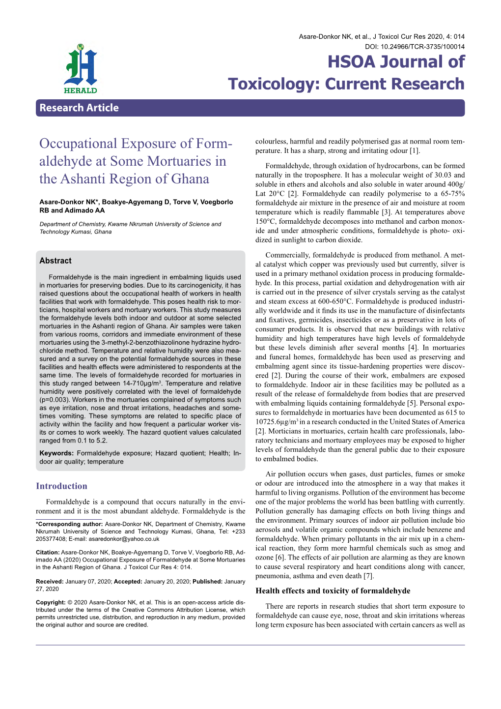 Occupational Exposure of Form- Aldehyde at Some Mortuaries in The