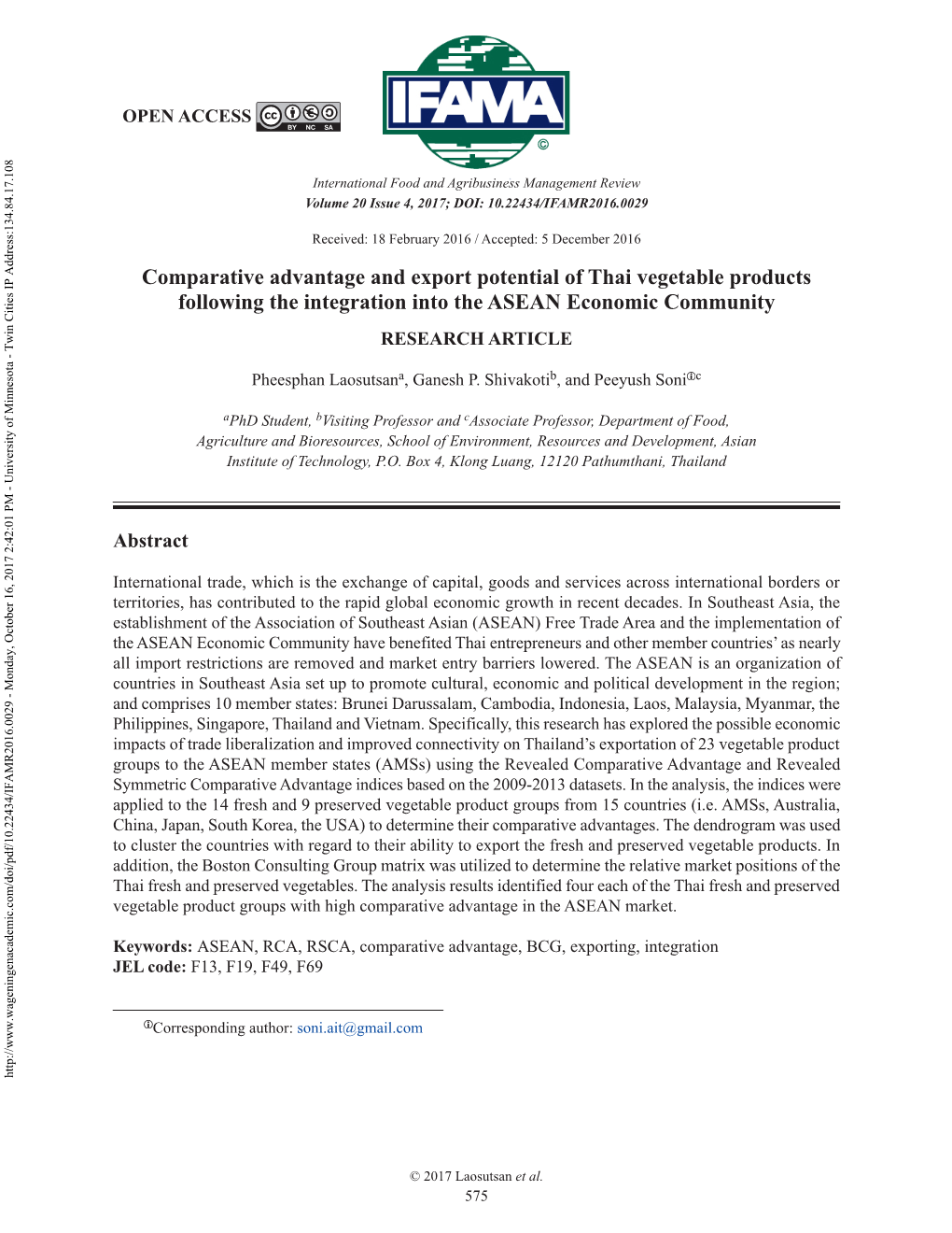 Comparative Advantage and Export Potential of Thai Vegetable Products Following the Integration Into the ASEAN Economic Community RESEARCH ARTICLE