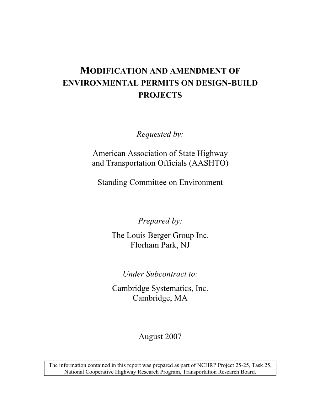 Modification and Amendment of Environmental Permits on Design-Build Projects