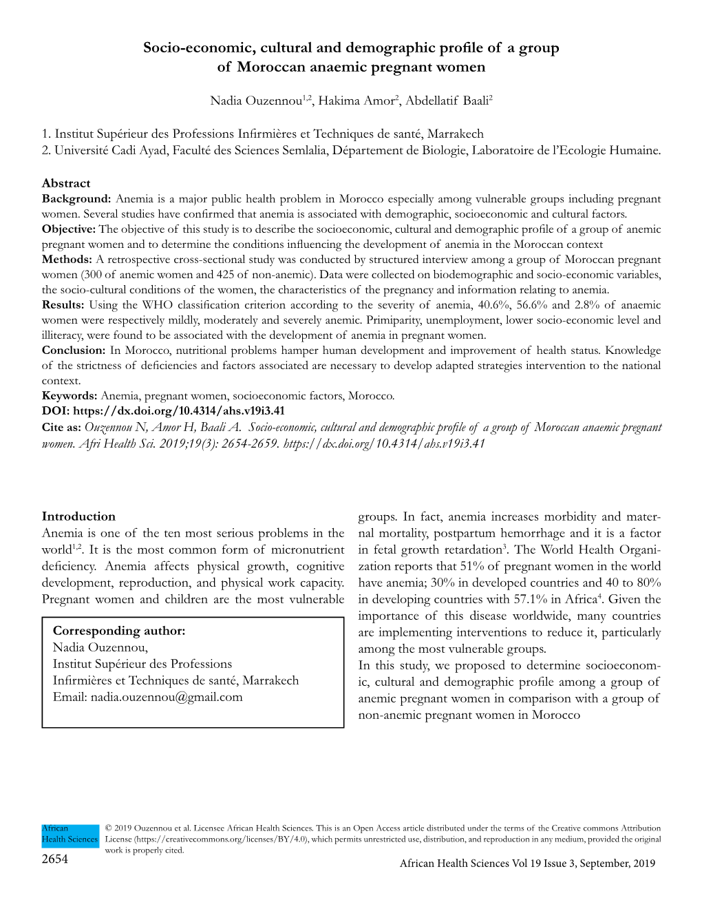 Socio-Economic, Cultural and Demographic Profile of a Group of Moroccan Anaemic Pregnant Women