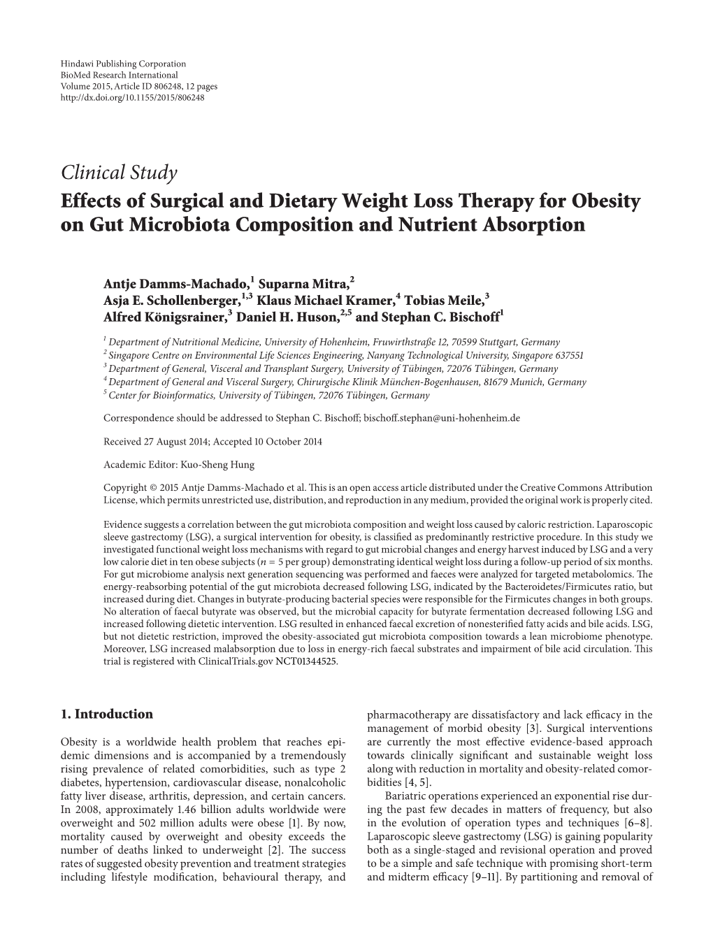 Clinical Study Effects of Surgical and Dietary Weight Loss Therapy for Obesity on Gut Microbiota Composition and Nutrient Absorption