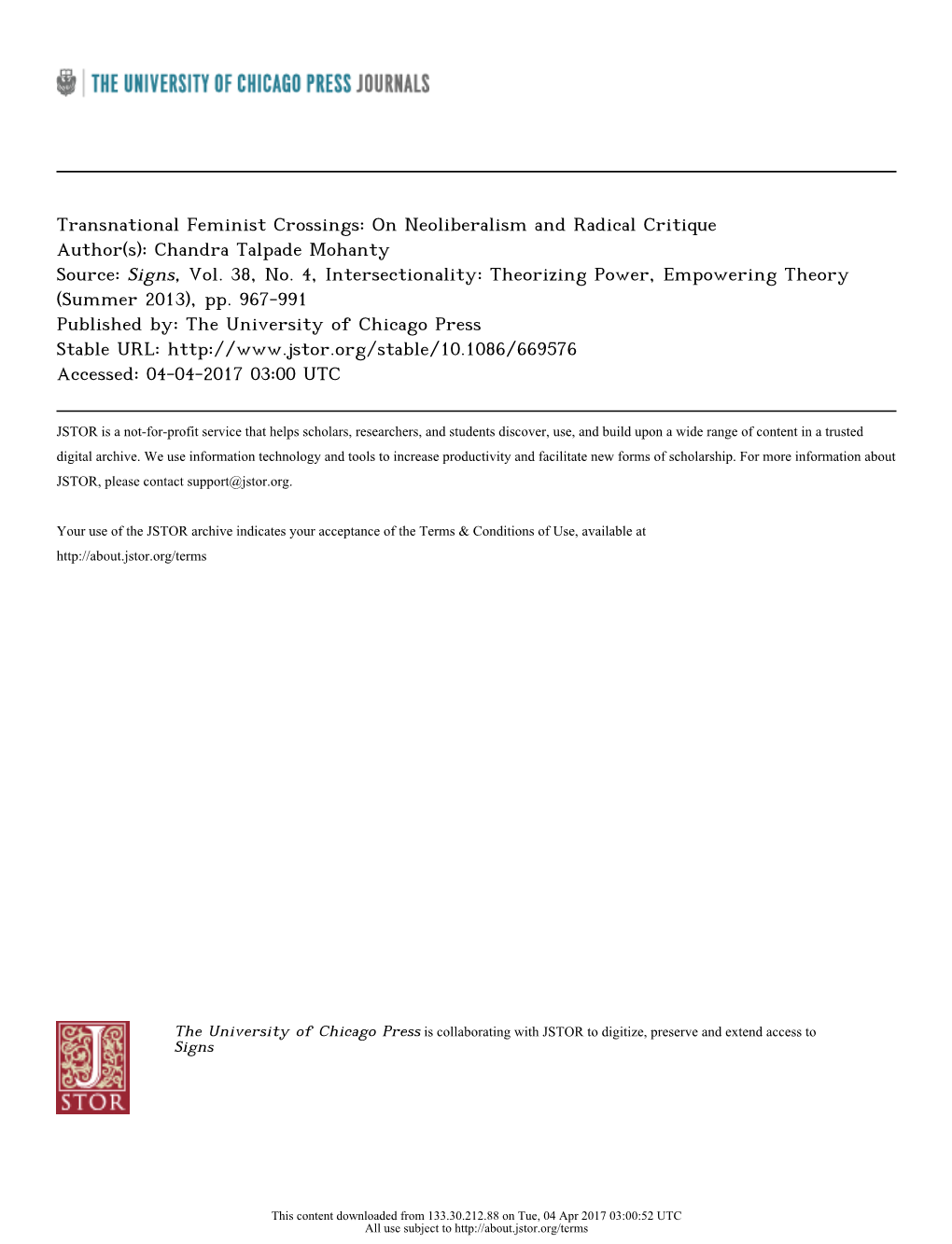 Transnational Feminist Crossings: on Neoliberalism and Radical Critique Author(S): Chandra Talpade Mohanty Source: Signs, Vol