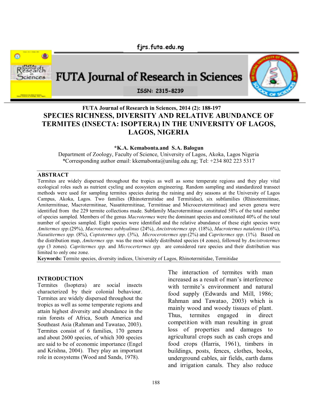 Species Richness, Diversity and Relative Abundance of Termites (Insecta: Isoptera) in the University of Lagos, Lagos, Nigeria