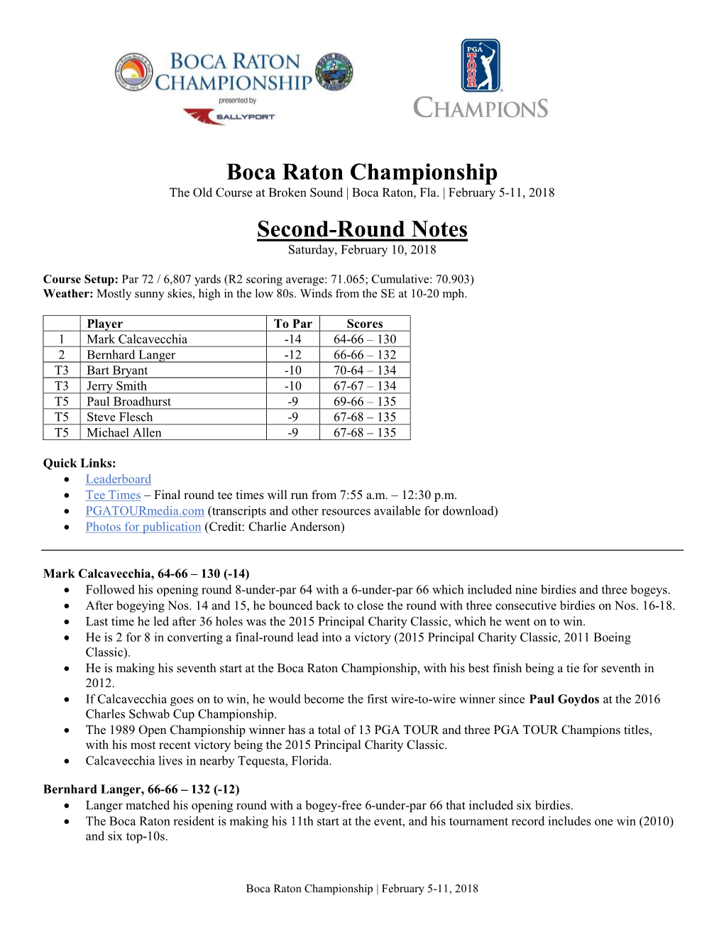 Boca Raton Championship Second-Round Notes