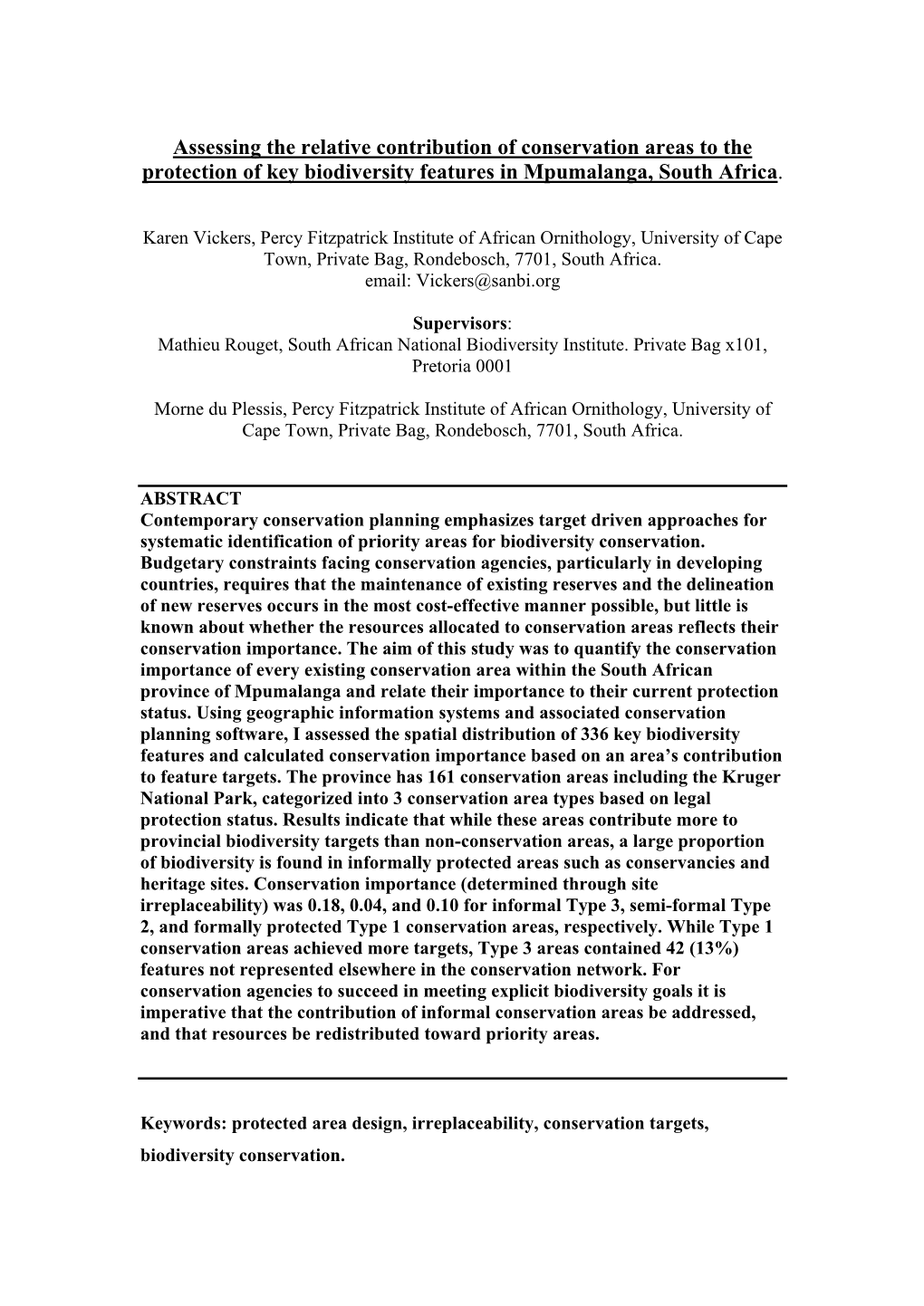 Assessing the Relative Contribution of Conservation Areas to the Protection of Key Biodiversity Features in Mpumalanga, South Africa