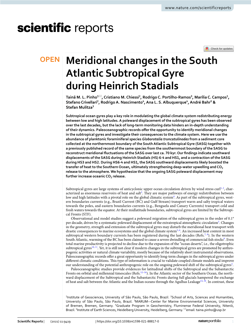 Meridional Changes in the South Atlantic Subtropical Gyre During Heinrich Stadials Tainã M