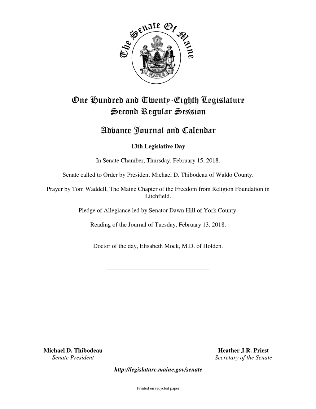 One Hundred and Twenty-Eighth Legislature Second Regular Session
