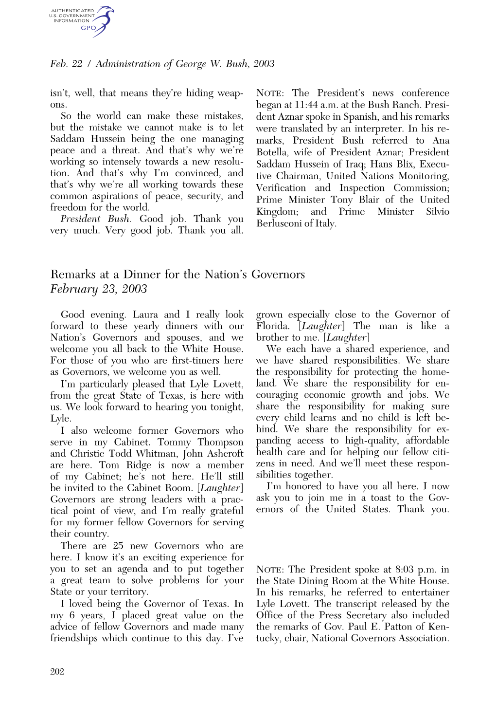 Remarks at a Dinner for the Nation's Governors February 23, 2003