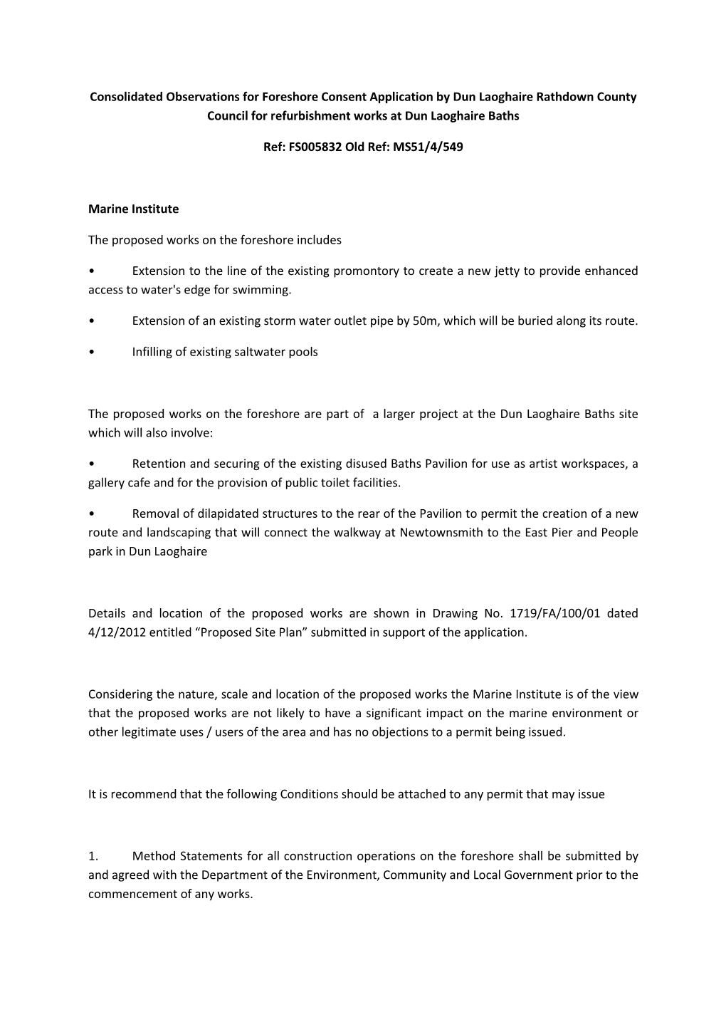 Consolidated Observations for Foreshore Consent Application by Dun Laoghaire Rathdown County Council for Refurbishment Works at Dun Laoghaire Baths