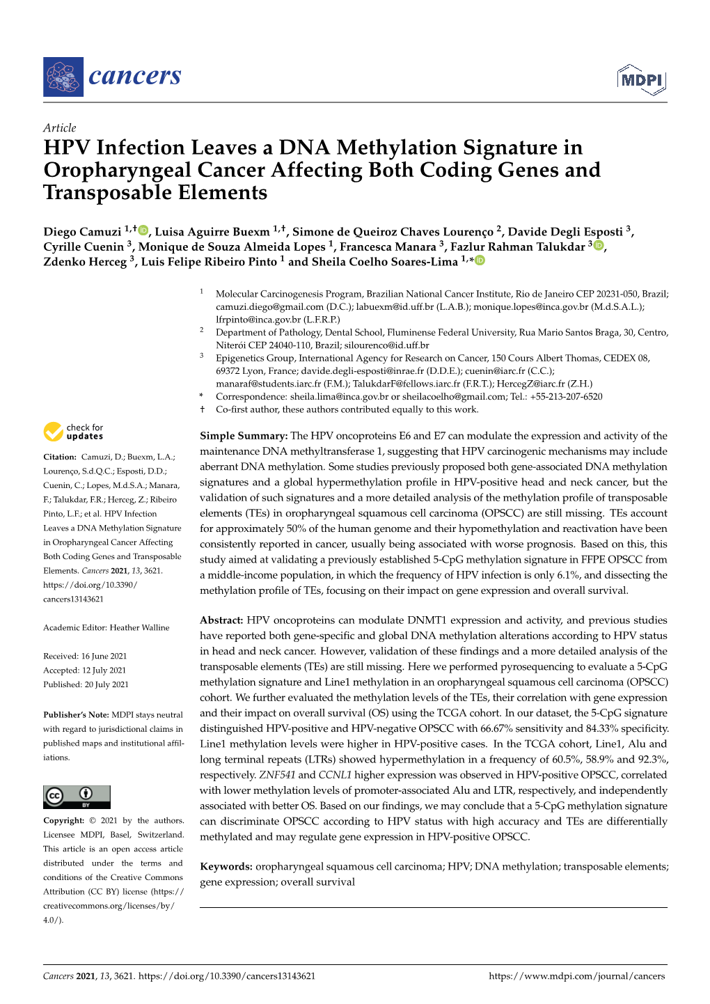 HPV Infection Leaves a DNA Methylation Signature in Oropharyngeal Cancer Affecting Both Coding Genes and Transposable Elements