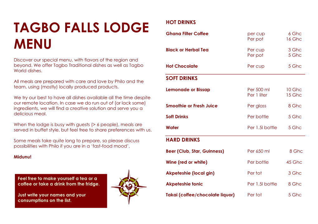 Tagbo Falls Lodge Menu