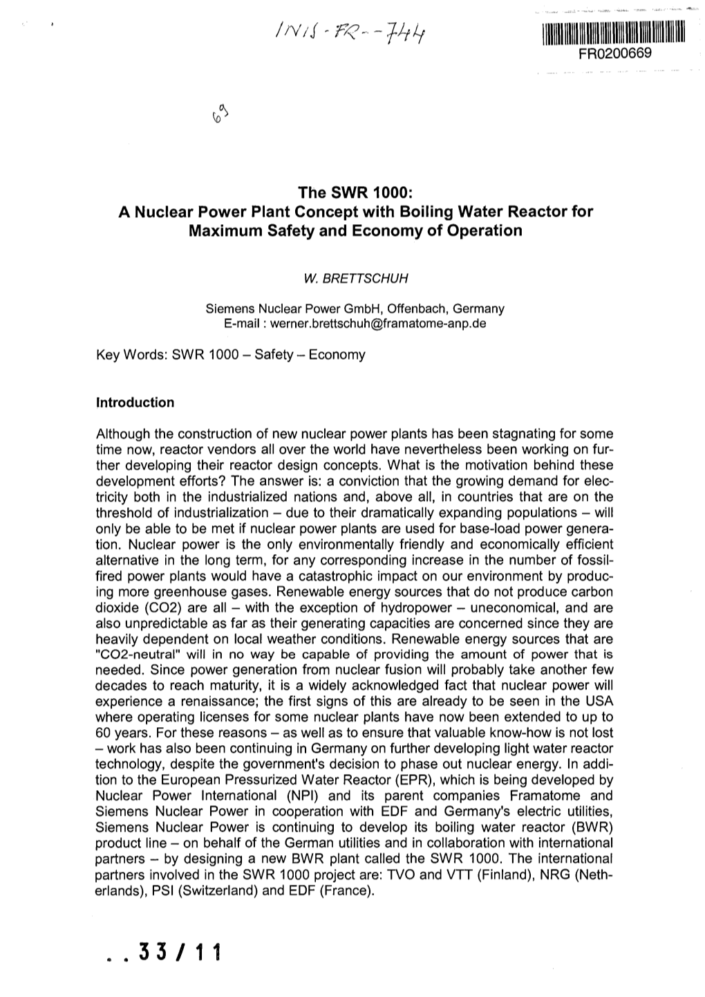 The SWR 1000: a Nuclear Power Plant Concept with Boiling Water Reactor for Maximum Safety and Economy of Operation