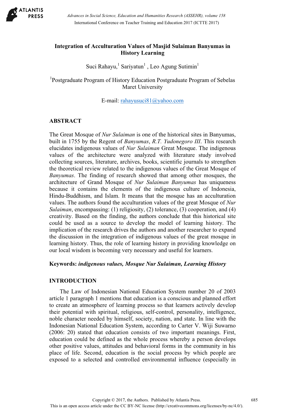 Integration of Acculturation Values of Masjid Sulaiman Banyumas in History Learning