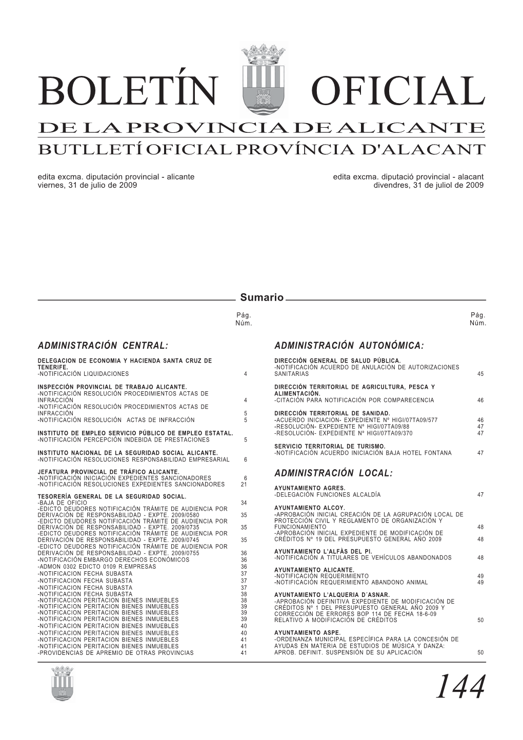 BOLETÍN OFICIAL DE LA PROVINCIA DE ALICANTE BUTLLETÍ OFICIAL PROVÍNCIA D'alacant Edita Excma