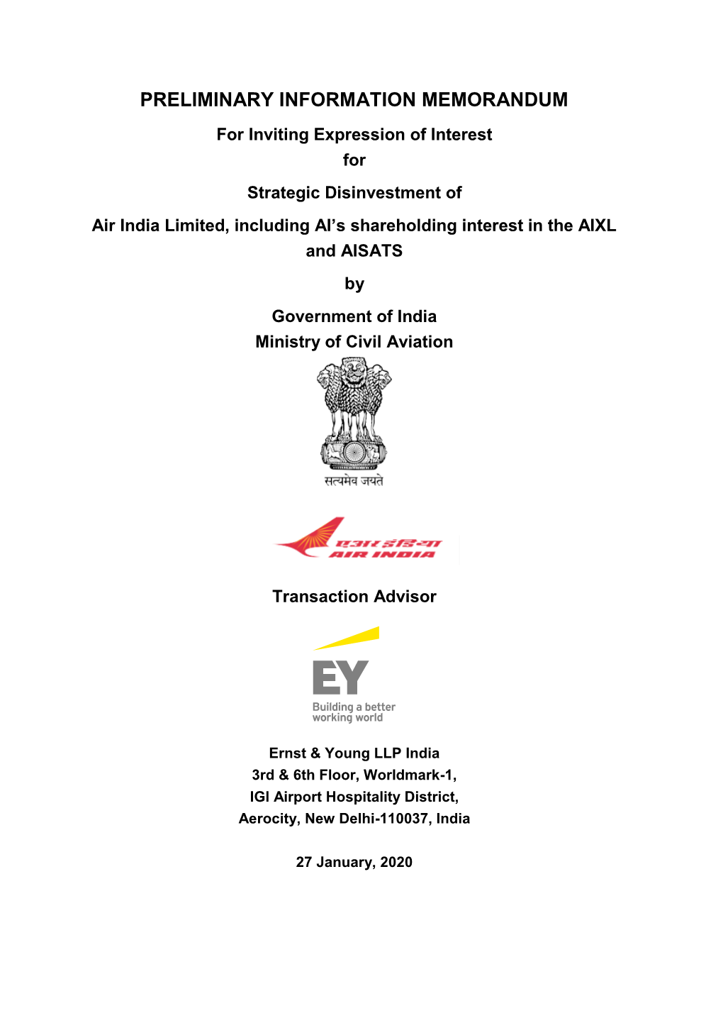 Air India Limited, Including AI’S Shareholding Interest in the AIXL and AISATS by Government of India Ministry of Civil Aviation