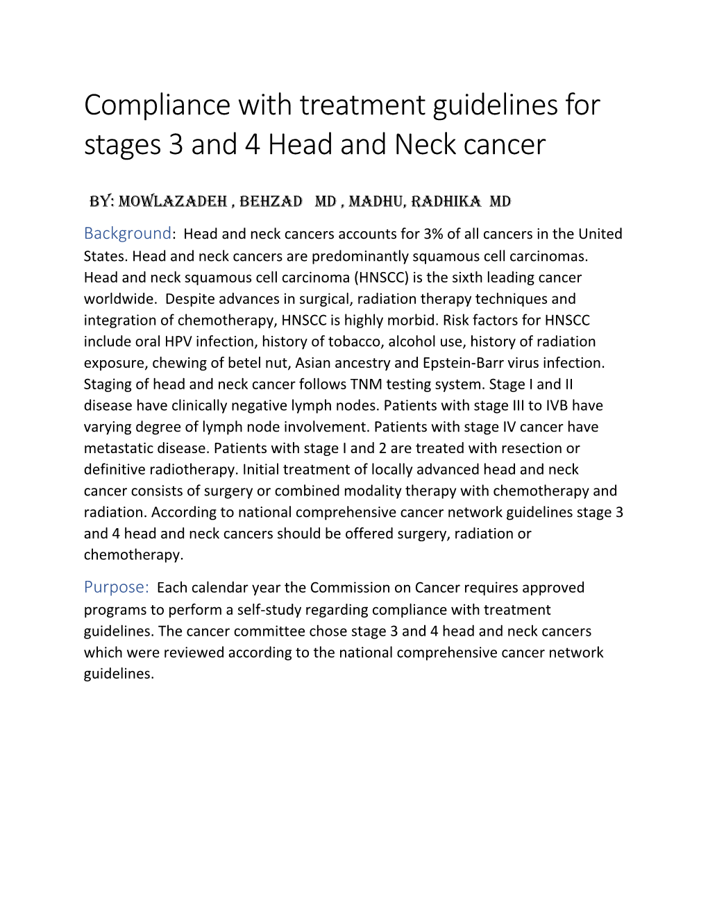 Compliance with Treatment Guidelines for Stages 3 and 4 Head and Neck Cancer