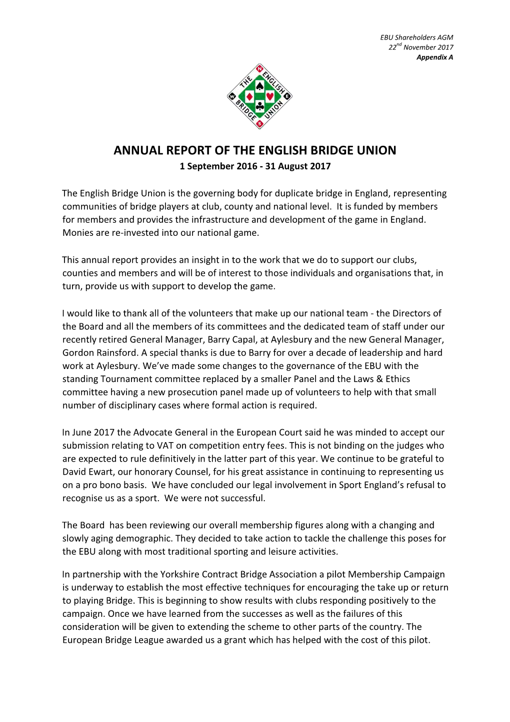 ANNUAL REPORT of the ENGLISH BRIDGE UNION 1 September 2016 - 31 August 2017