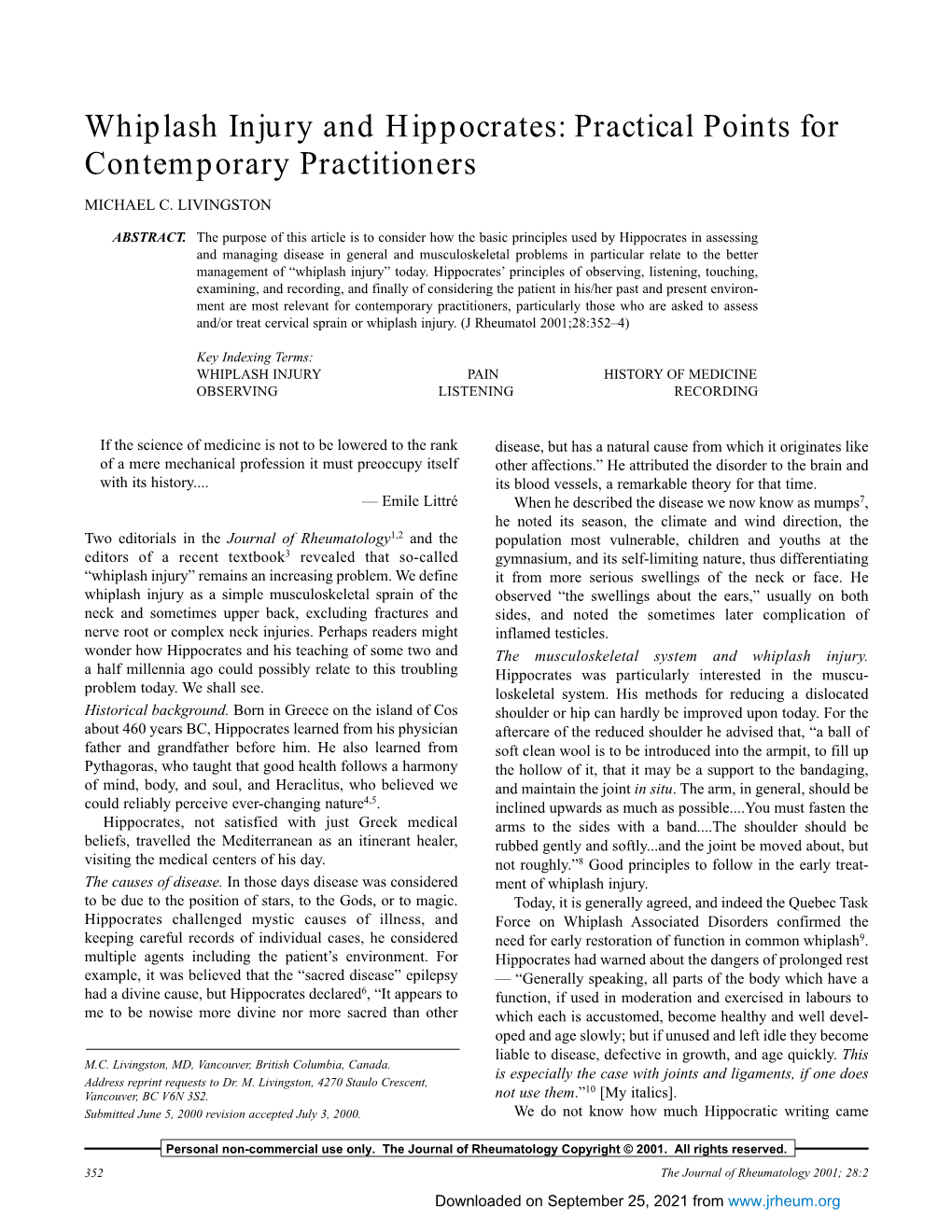 Whiplash Injury and Hippocrates: Practical Points for Contemporary Practitioners MICHAEL C