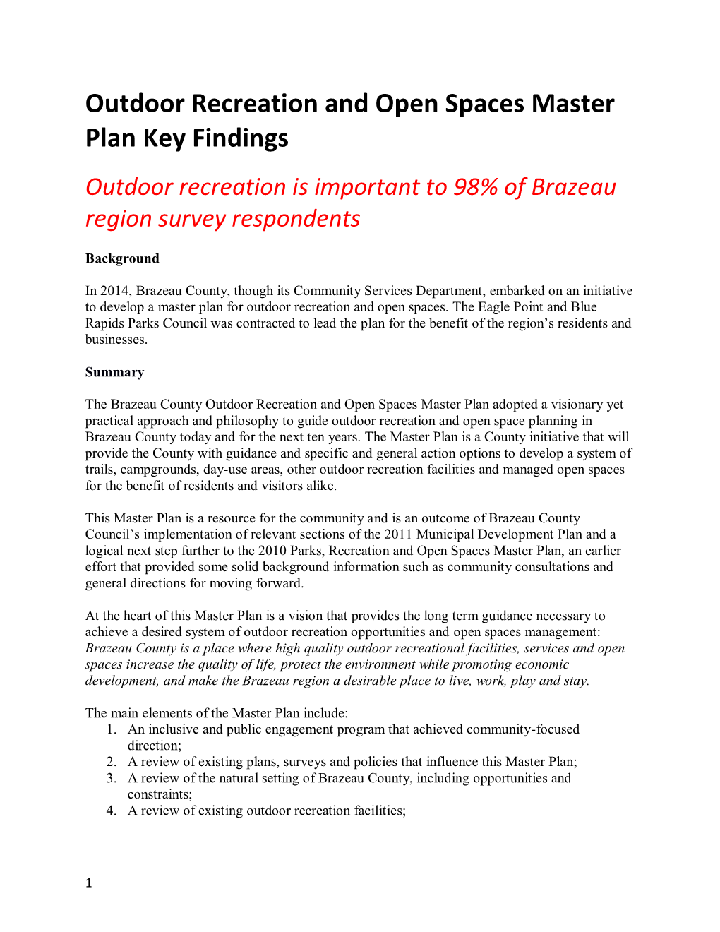 Outdoor Recreation and Open Spaces Master Plan Key Findings