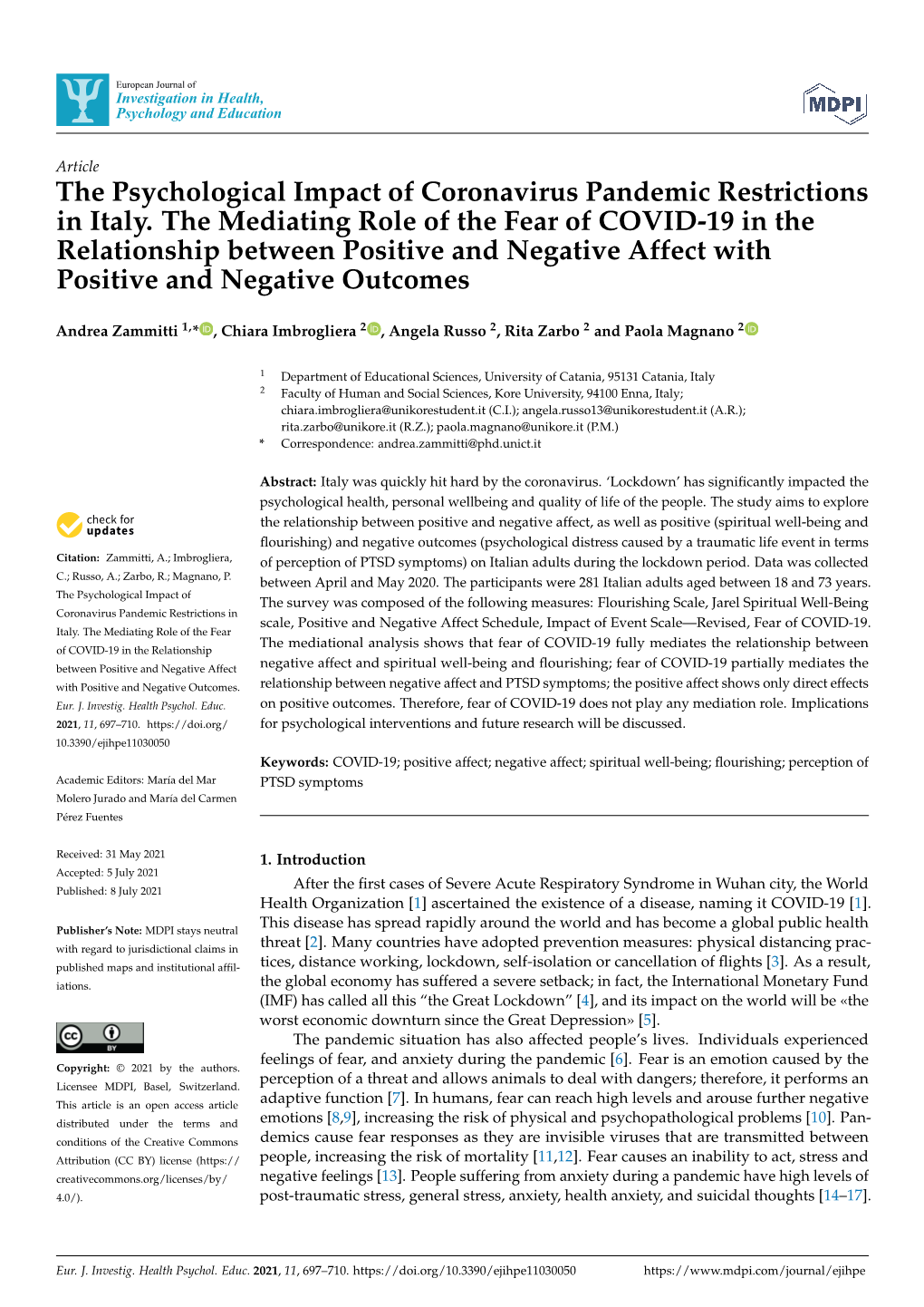 The Psychological Impact of Coronavirus Pandemic Restrictions in Italy