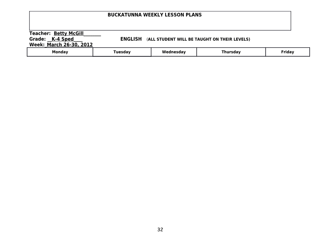 Buckatunna Weekly Lesson Plans