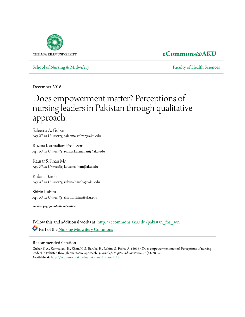 Perceptions of Nursing Leaders in Pakistan Through Qualitative Approach