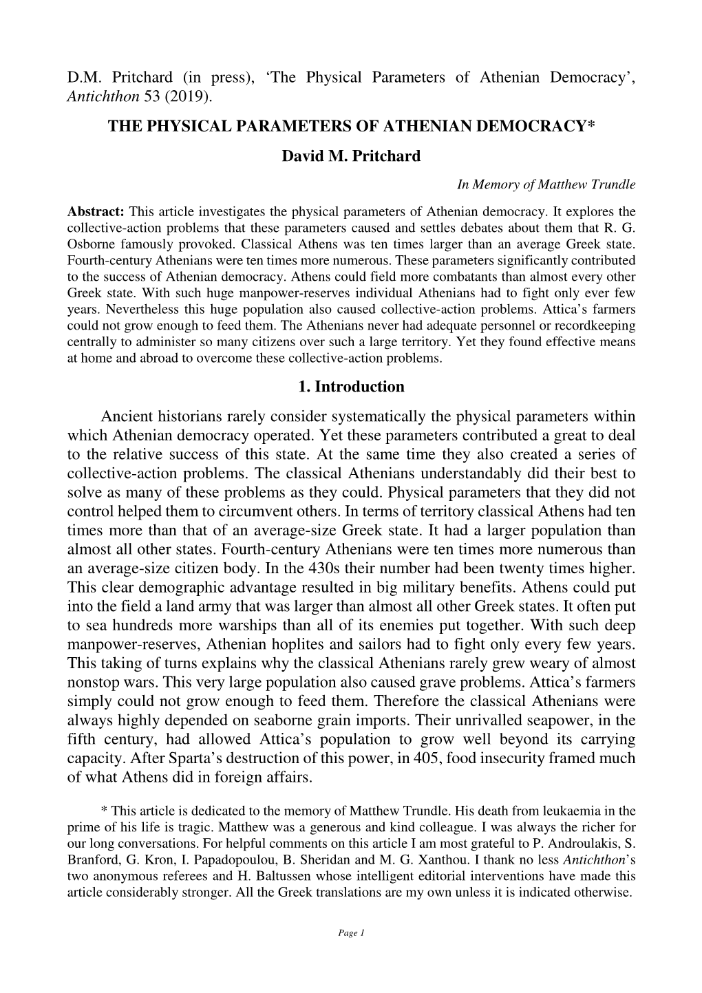 The Physical Parameters of Athenian Democracy’, Antichthon 53 (2019)